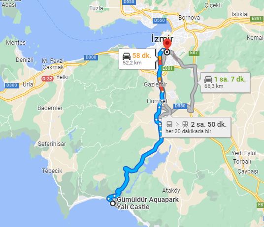 İzmir Gümüldür aquapark arası kaç km?